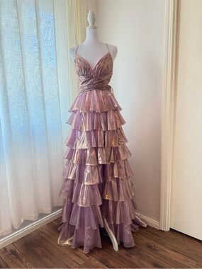 Lucci Lu 1362 Lilac Metallic Chiffon Tiered Formal Prom Dress Size 4